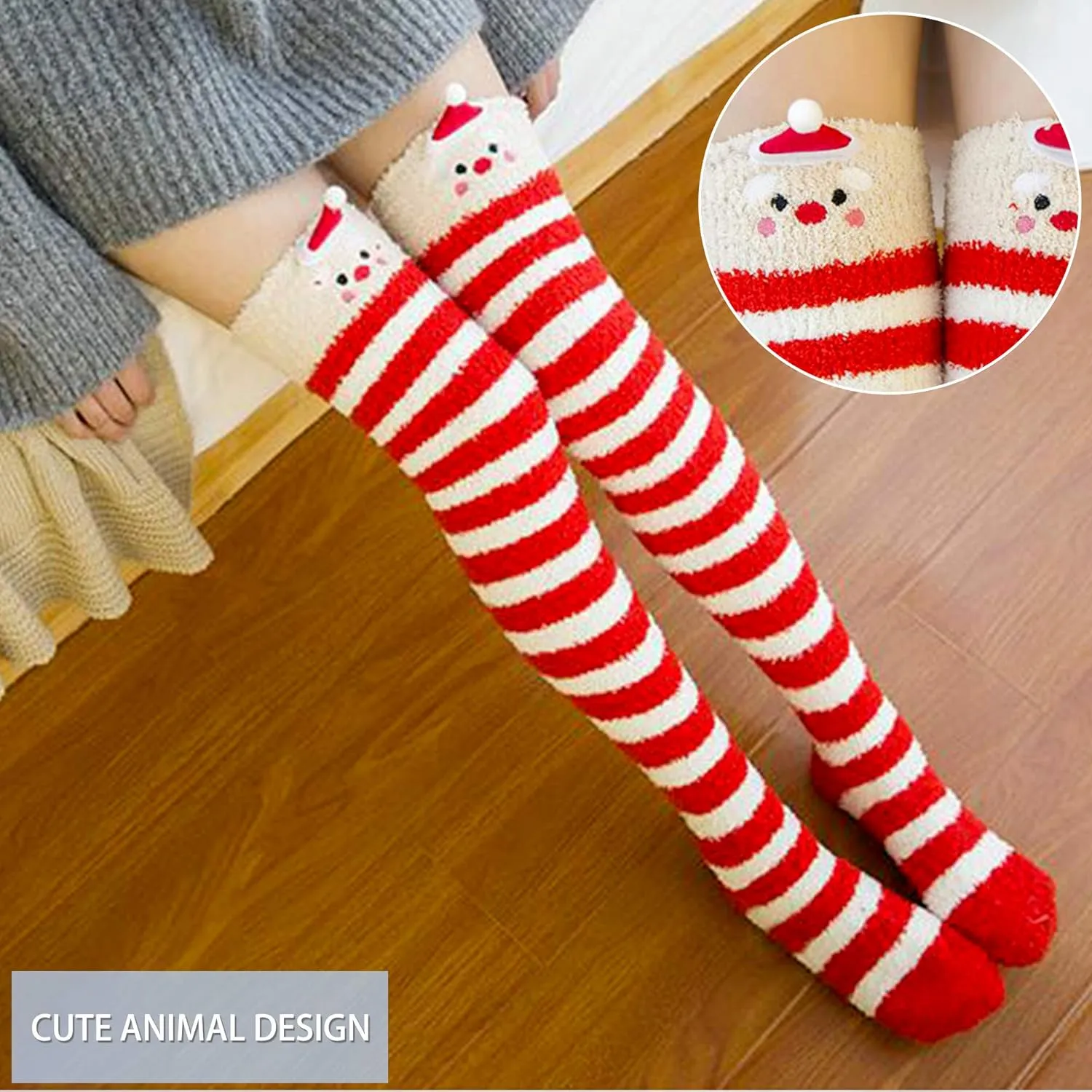 DoSmart Womens Over Knee High Fuzzy Socks Soft Warm Thigh High Striped Stockings Cozy Slipper Fleece Winter Long Socks