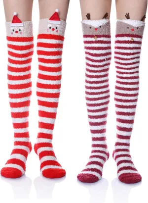 DoSmart Womens Over Knee High Fuzzy Socks Soft Warm Thigh High Striped Stockings Cozy Slipper Fleece Winter Long Socks
