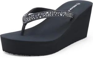 DREAM PAIRS Women's Platform Flip Flop Rhinestones Arch Support Comfortable Soft Cushion Wedge Flip Flops Summer Thong Sandals