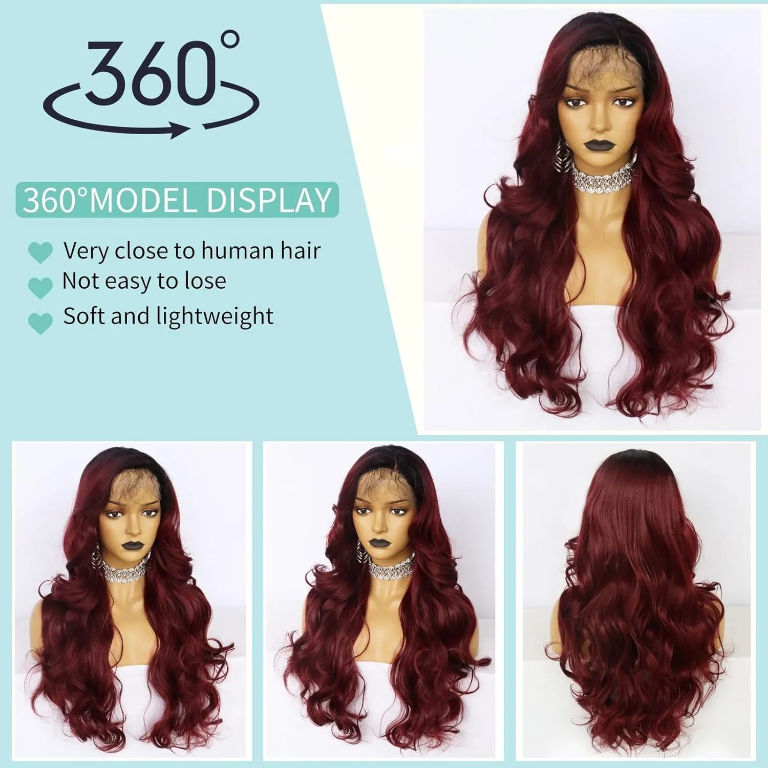 Ebingoo   Wig Cap 26 Inch Burgundy Lace Front Wigs with Dark Roots Wine Red Lace Front Wig With Baby Hair Ombre Red Lace Front Wigs for Women Daily Wear Party
