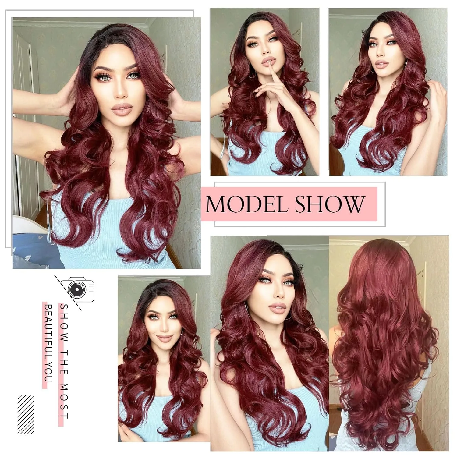 Ebingoo   Wig Cap 26 Inch Burgundy Lace Front Wigs with Dark Roots Wine Red Lace Front Wig With Baby Hair Ombre Red Lace Front Wigs for Women Daily Wear Party