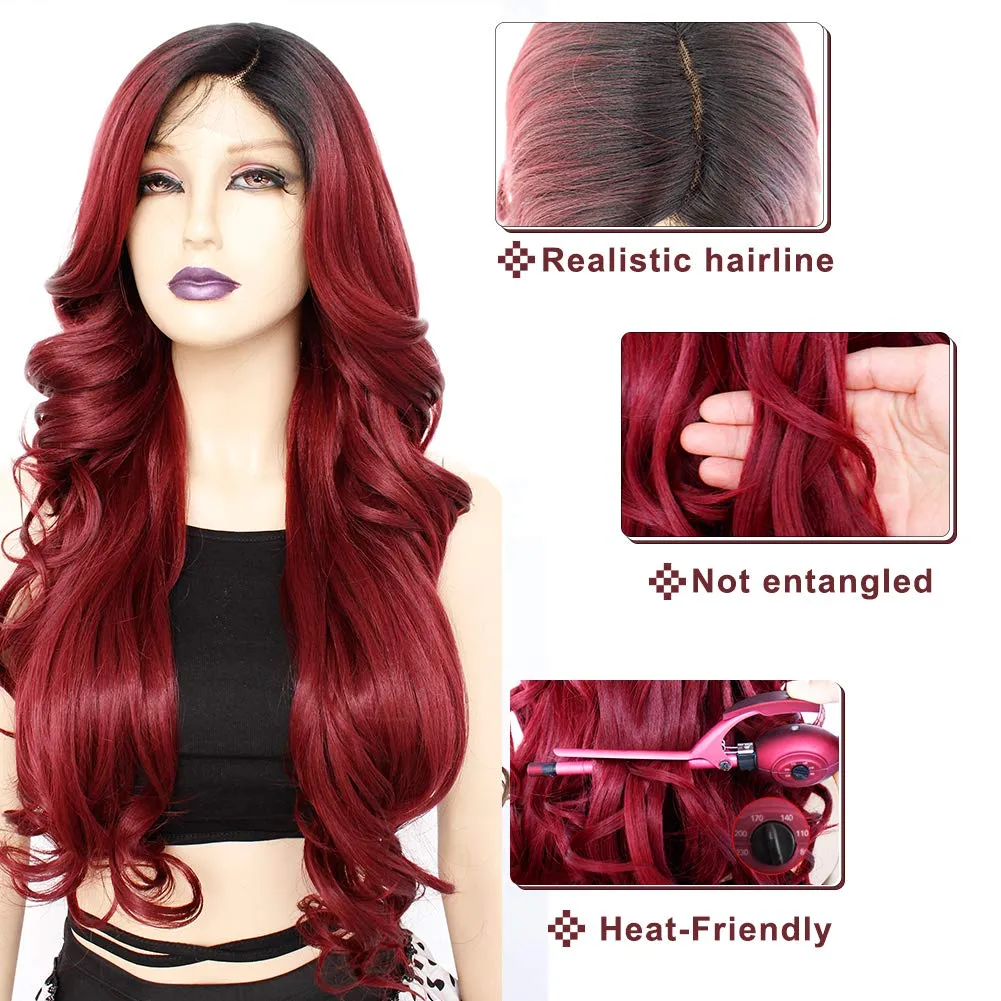 Ebingoo   Wig Cap 26 Inch Burgundy Lace Front Wigs with Dark Roots Wine Red Lace Front Wig With Baby Hair Ombre Red Lace Front Wigs for Women Daily Wear Party