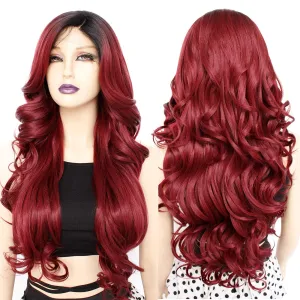 Ebingoo   Wig Cap 26 Inch Burgundy Lace Front Wigs with Dark Roots Wine Red Lace Front Wig With Baby Hair Ombre Red Lace Front Wigs for Women Daily Wear Party