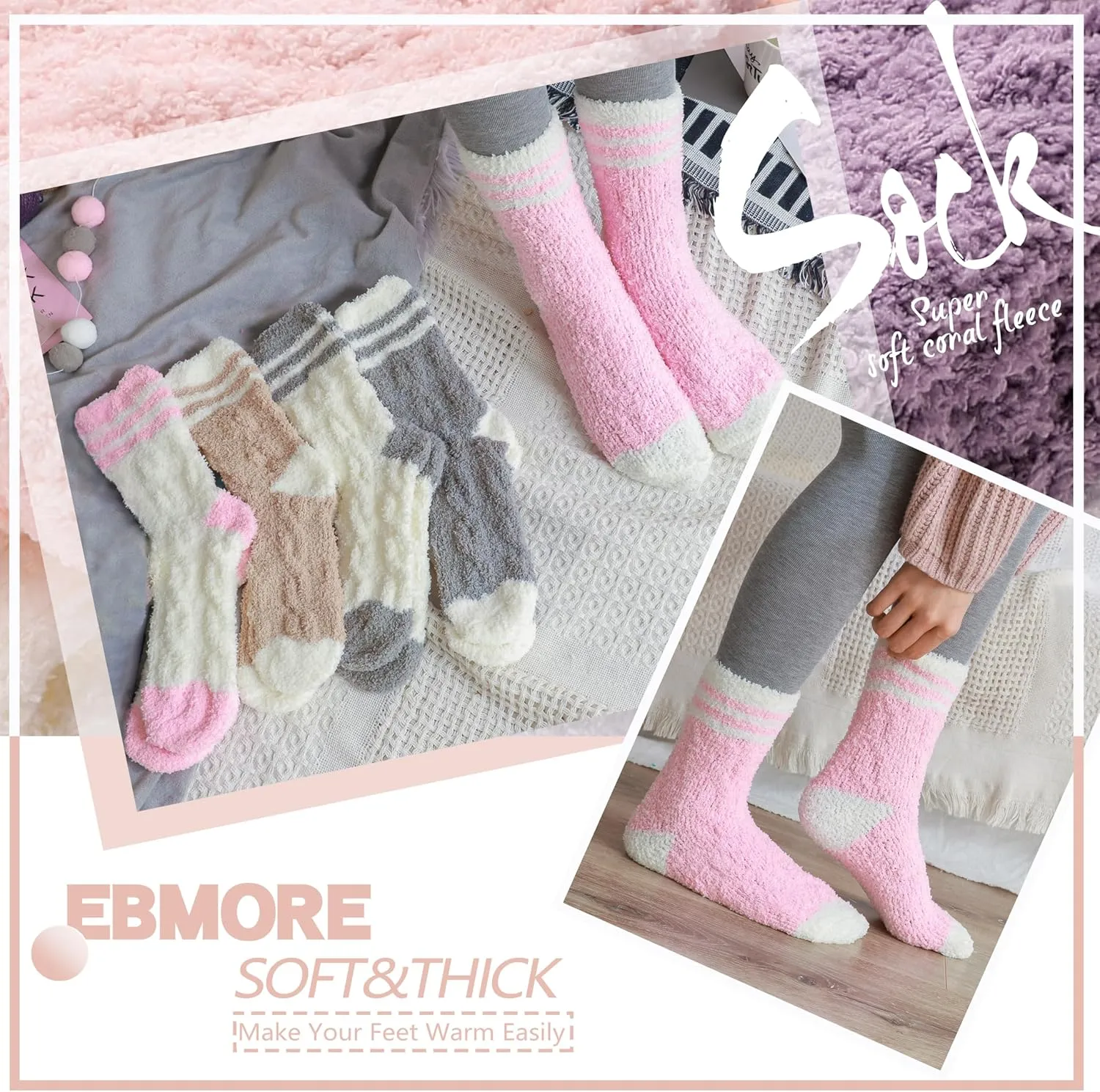 EBMORE Womens Fuzzy Socks Fleece Fluffy Cabin Plush Warm Sleep Soft Cozy Winter Adult Socks