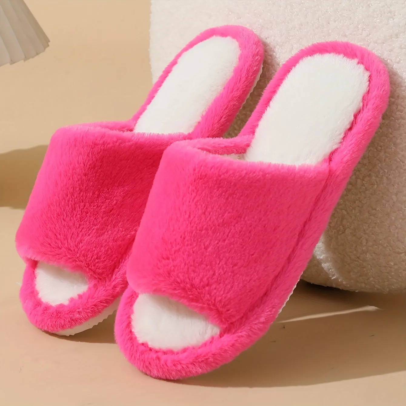 Elegant Solid Color Fluffy Slippers, 2 Fuzzy Plush Indoor Home Non-Slip Slippers, Indoor Warm Cozy Shoes