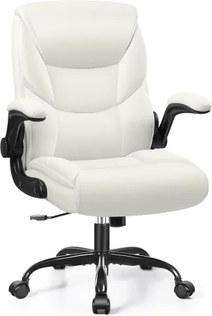 FelixKing Leather Office Chair, Small PU Ergonomic Desk Chair, Comfy Computer Chair with Wheels and Flip-up Armrests, Adjustable Height Mid Back Executive Office Chair for Short People-White