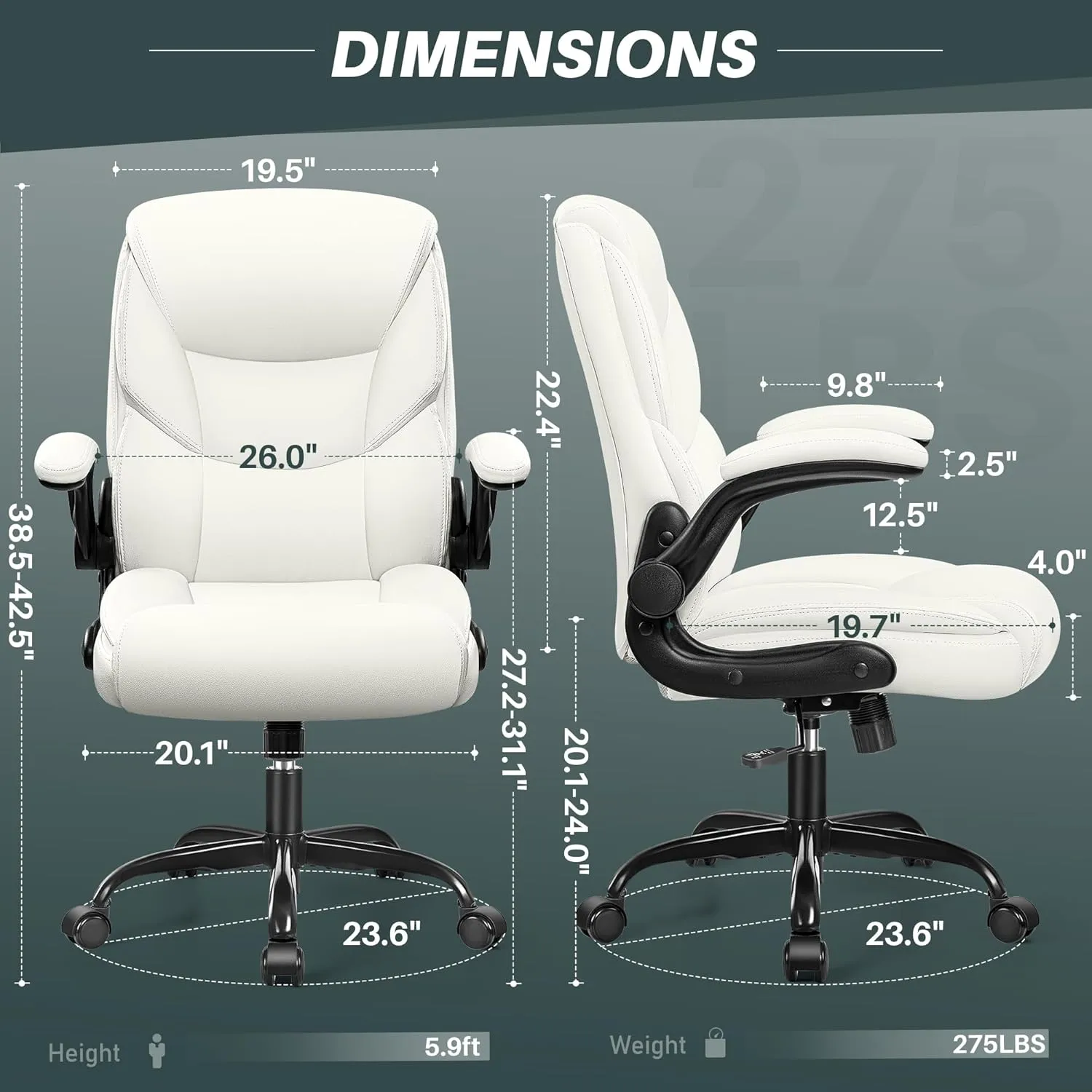 FelixKing Leather Office Chair, Small PU Ergonomic Desk Chair, Comfy Computer Chair with Wheels and Flip-up Armrests, Adjustable Height Mid Back Executive Office Chair for Short People-White