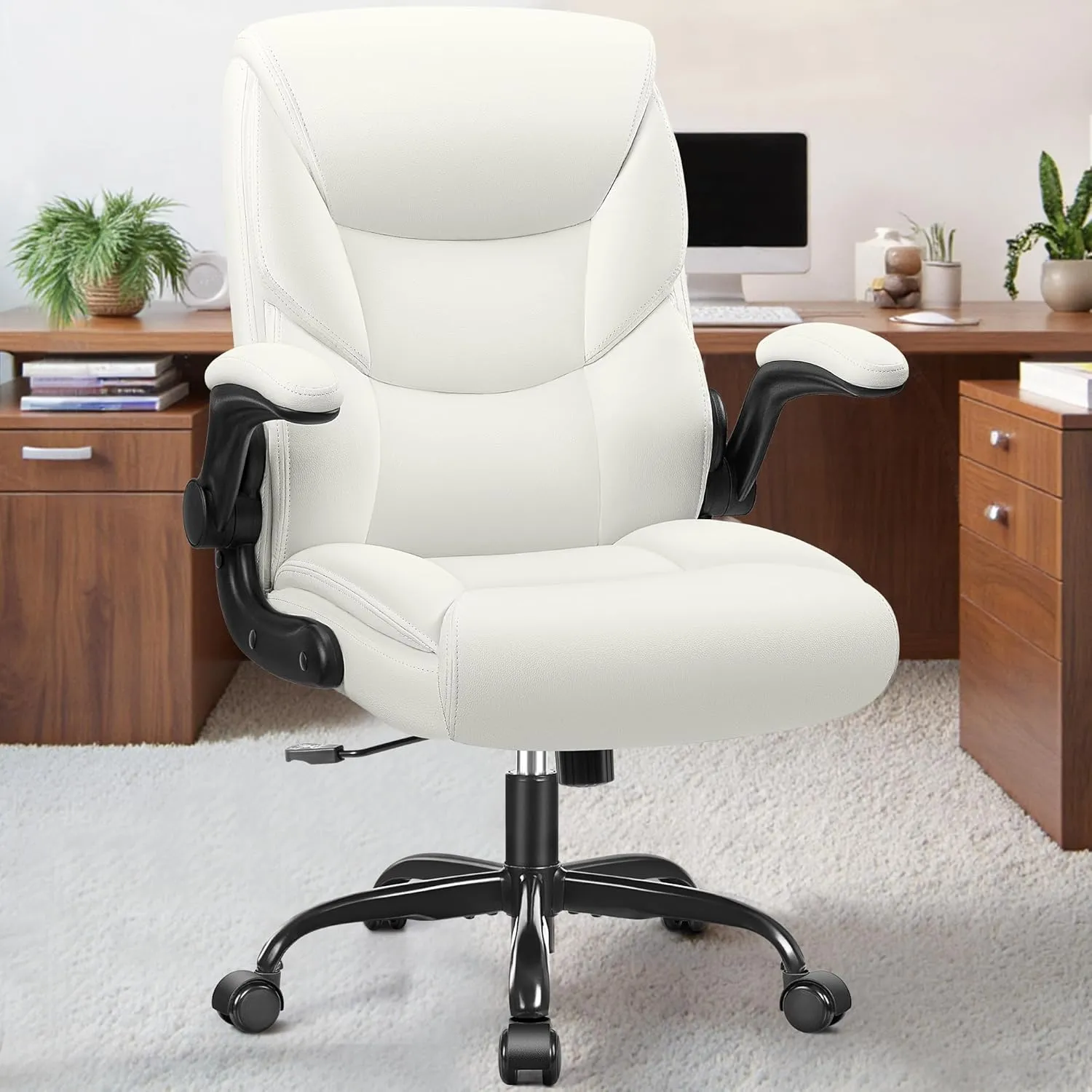 FelixKing Leather Office Chair, Small PU Ergonomic Desk Chair, Comfy Computer Chair with Wheels and Flip-up Armrests, Adjustable Height Mid Back Executive Office Chair for Short People-White
