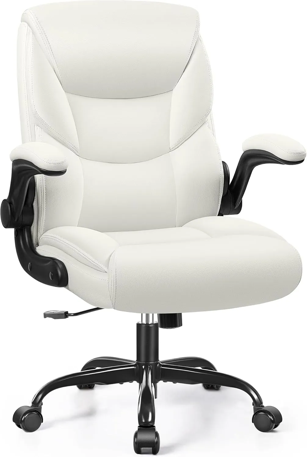 FelixKing Leather Office Chair, Small PU Ergonomic Desk Chair, Comfy Computer Chair with Wheels and Flip-up Armrests, Adjustable Height Mid Back Executive Office Chair for Short People-White
