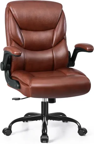 FelixKing Leather Office Chair, Small PU Ergonomic Desk Chairs, Comfy Computer Chair with Wheels and Flip-up Armrests, Adjustable Height Mid Back Executive Office Chairs for Short People - Brown