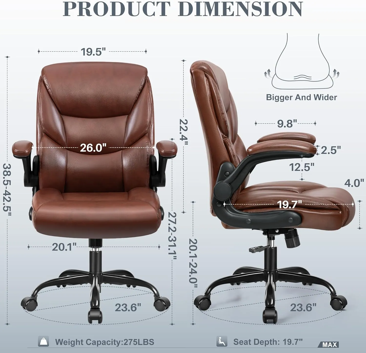 FelixKing Leather Office Chair, Small PU Ergonomic Desk Chairs, Comfy Computer Chair with Wheels and Flip-up Armrests, Adjustable Height Mid Back Executive Office Chairs for Short People - Brown