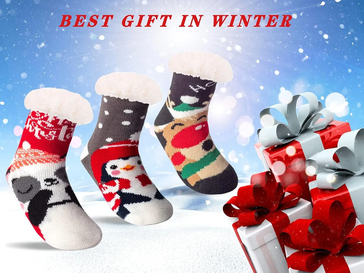FENELY 3 Pairs Kids Boys Girls Slipper Socks Winter Sherpa Lined Fuzzy Warm Soft Non Skid