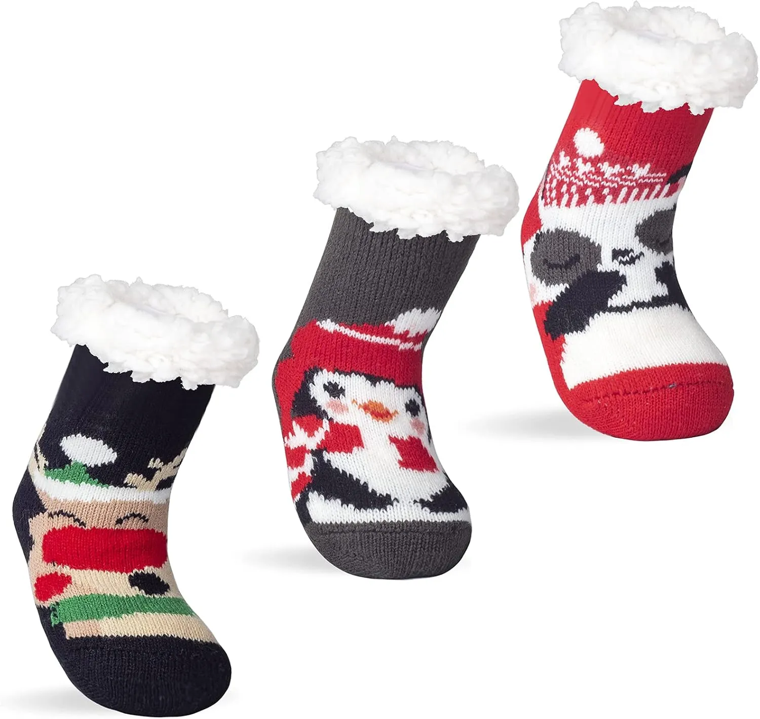FENELY 3 Pairs Kids Boys Girls Slipper Socks Winter Sherpa Lined Fuzzy Warm Soft Non Skid
