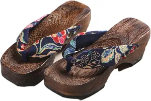 Flip- flops Wooden Clogs Slippers,Japan Traditional Shoes,Women's Slopes High Heels Home Clip Feet Cool Shoes,Couple's Leisure Bathroom Beach Shoes