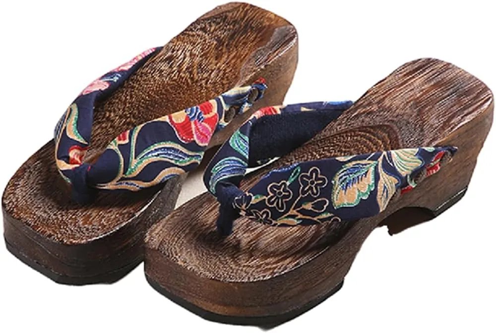 Flip- flops Wooden Clogs Slippers,Japan Traditional Shoes,Women's Slopes High Heels Home Clip Feet Cool Shoes,Couple's Leisure Bathroom Beach Shoes