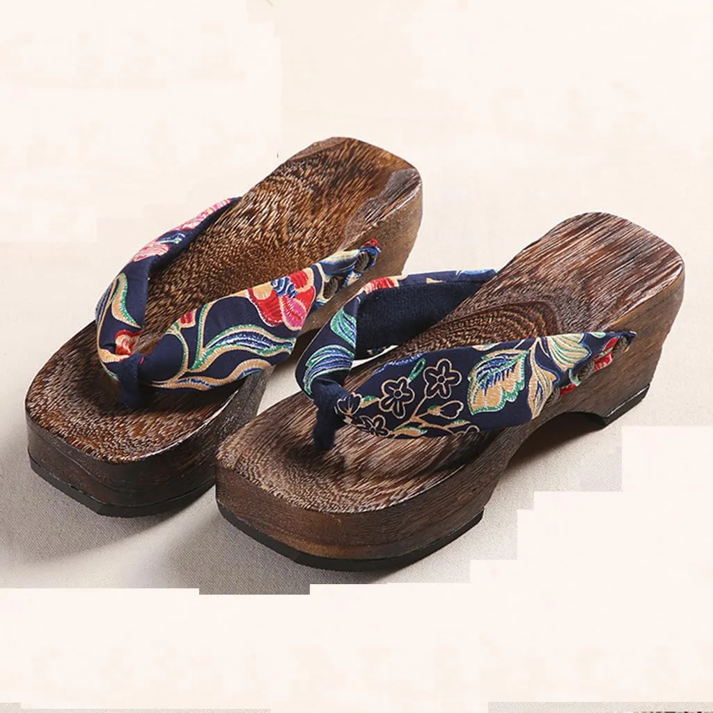 Flip- flops Wooden Clogs Slippers,Japan Traditional Shoes,Women's Slopes High Heels Home Clip Feet Cool Shoes,Couple's Leisure Bathroom Beach Shoes