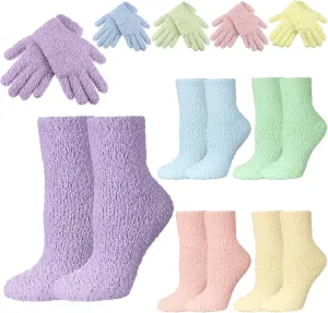 Foaincore 10 Pair Fuzzy Socks and Fuzzy Gloves Set Warm Plush Stocking Soft Gloves Home Sleeping Winter Slipper Socks