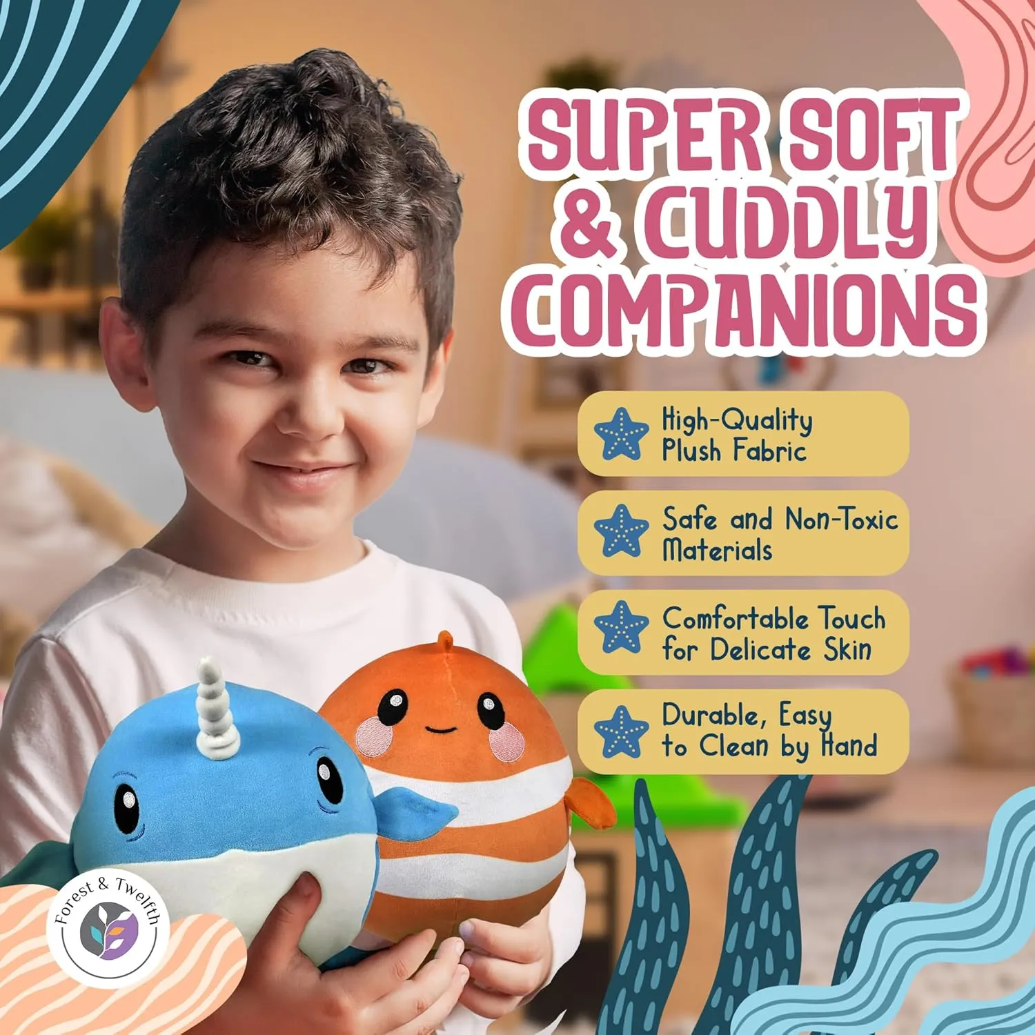Forest & Twelfth 3 Pack Reversible Sea Creature Eggamals, 8.5" Plush Toy Set, 2-in-1 Aquatic Stuffed Animals, Ideal as Kid's Gift, Party Favors, Class Gift, Birthday Gifts for Toddlers (Sea Life)
