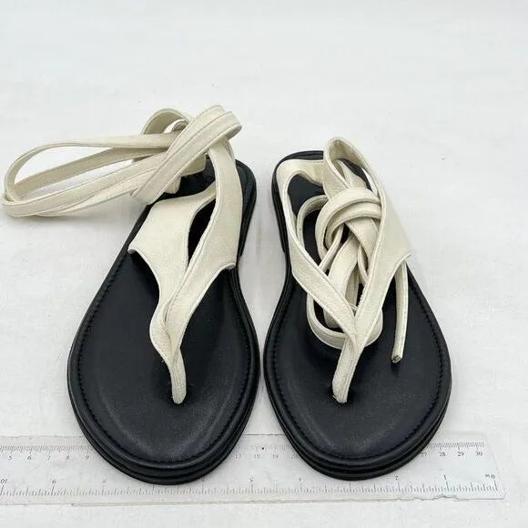 FOWT Beige Split Round Toe Sandals Lace up Strappy Soft Flip Flop Casual Flats