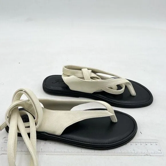 FOWT Beige Split Round Toe Sandals Lace up Strappy Soft Flip Flop Casual Flats