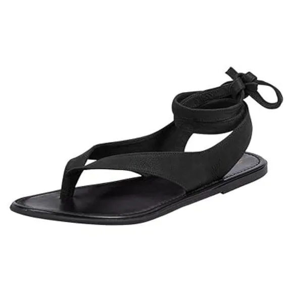 FOWT Black Split Round Toe Sandals Lace up Strappy Flats Casual Summer Soft Shoe