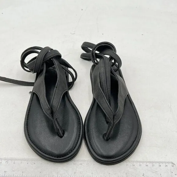 FOWT Black Split Round Toe Sandals Lace up Strappy Flats Casual Summer Soft Shoe