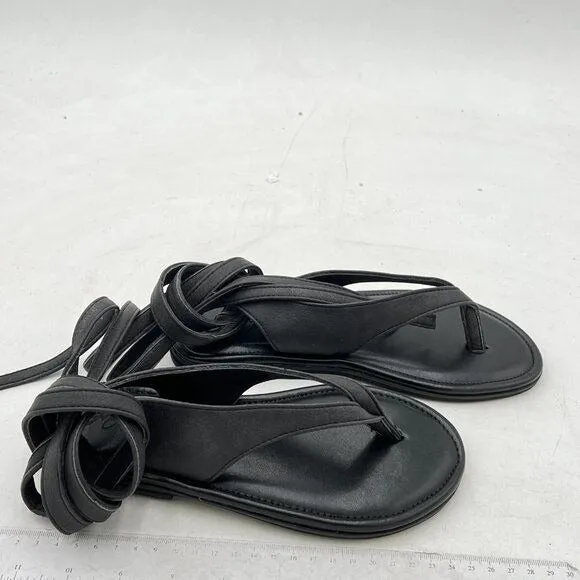 FOWT Black Split Round Toe Sandals Lace up Strappy Flats Casual Summer Soft Shoe