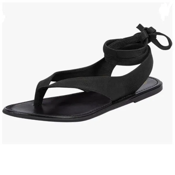 FOWT Black Split Round Toe Sandals Lace up Strappy  Soft Flip Flop Casual Shoes