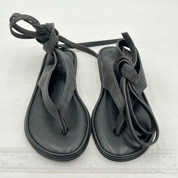 FOWT Black Split Round Toe Sandals Lace up Strappy  Soft Flip Flop Casual Shoes