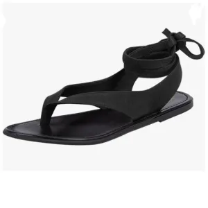 FOWT Black Split Round Toe Sandals Lace up Strappy  Soft Flip Flop Casual Shoes