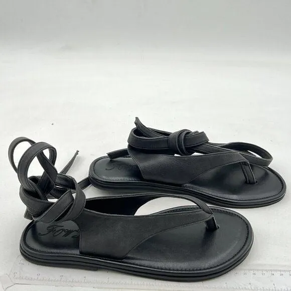 FOWT Black Split Round Toe Sandals Lace up Strappy  Soft Flip Flop Casual Shoes