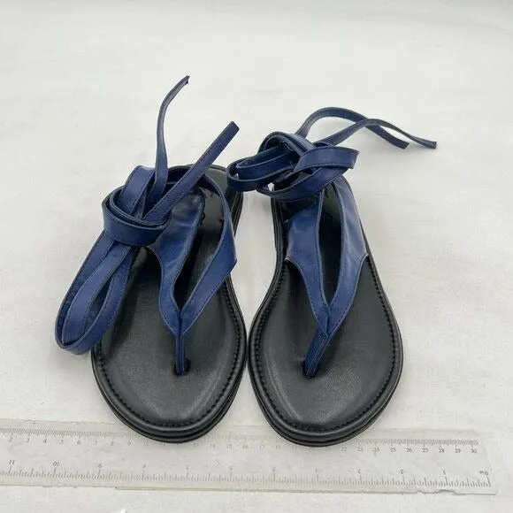 FOWT Blue Split Round Toe Sandals Lace up Strappy Soft Flip Flop Casual Shoes