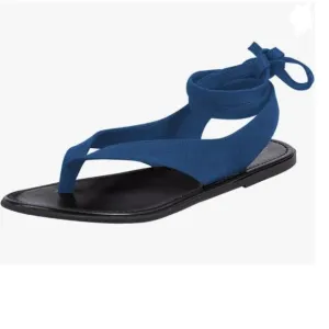 FOWT Blue Split Round Toe Sandals Lace up Strappy Soft Flip Flop Casual Shoes