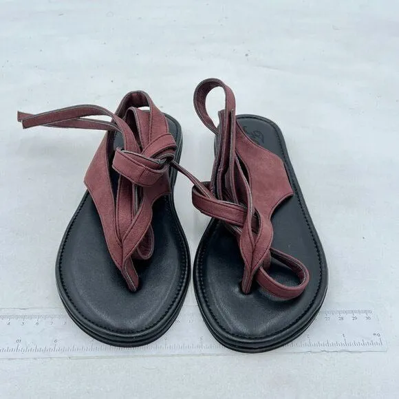 FOWT Wine Split Round Toe Sandals Lace up Strappy Flats Soft Flip Flop Shoes