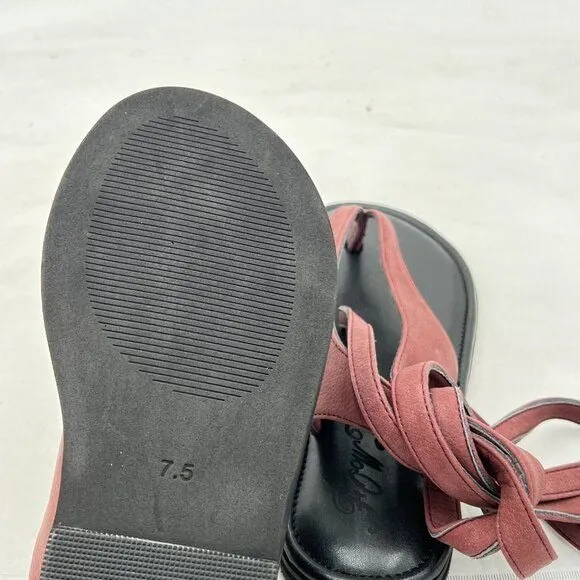 FOWT Wine Split Round Toe Sandals Lace up Strappy Soft Flip Flop Casual Flats