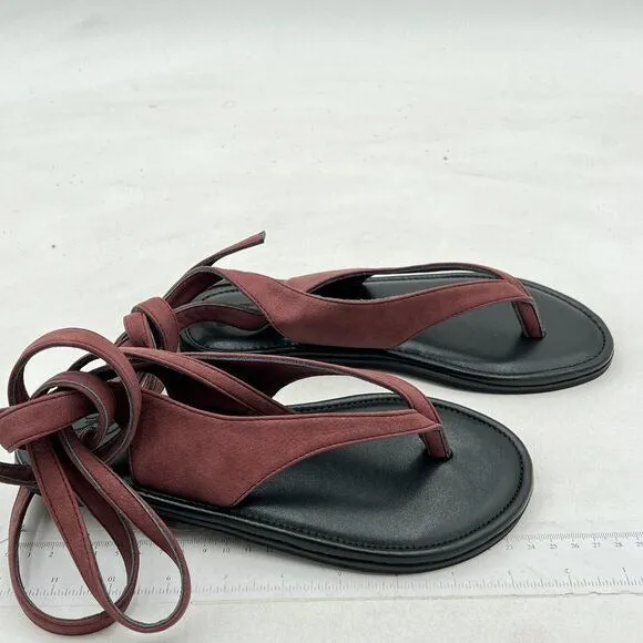 FOWT Wine Split Round Toe Sandals Lace up Strappy Soft Flip Flop Casual Flats