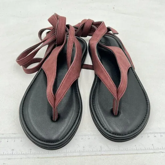FOWT Wine Split Round Toe Sandals Lace up Strappy Soft Flip Flop Casual Flats