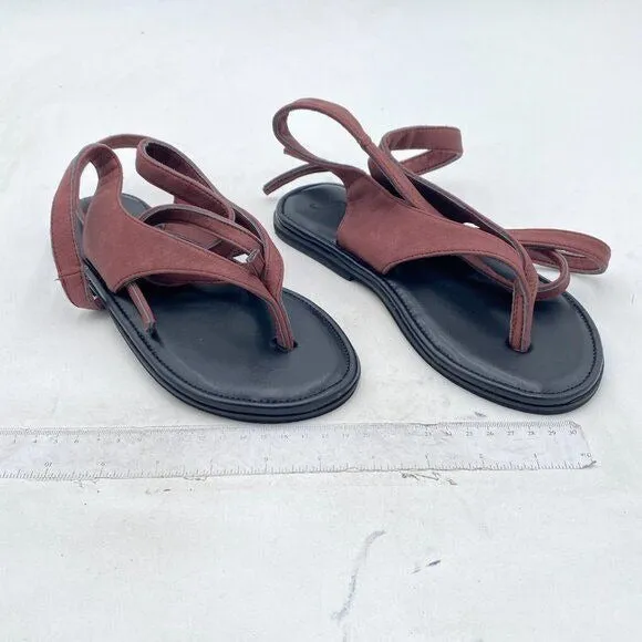FOWT Women Split Round Toe Sandals Lace up Strappy Flats Casual Brown