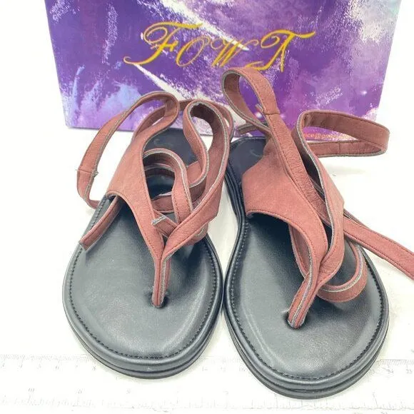 FOWT Women Split Round Toe Sandals Lace up Strappy Flats Casual Brown