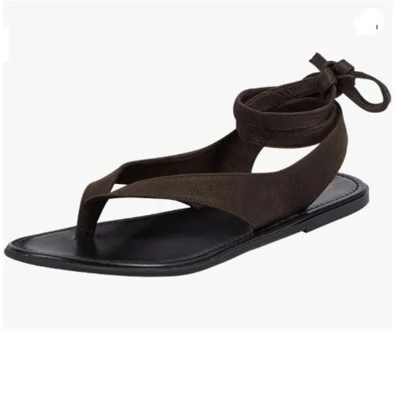 FOWT Women Split Round Toe Sandals Lace up Strappy Flats Casual Brown
