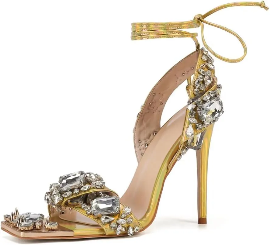 Frankie Hsu Women's Large Big Size Luxury Lace Up Crystal Rhinestone Gemstone Gem Rivet Stiletto Gold Yellow Laser Fabric Metal Square Toe High Heeled Sandals