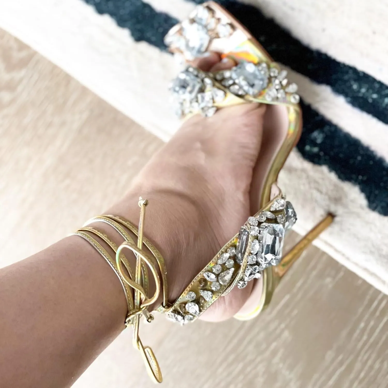 Frankie Hsu Women's Large Big Size Luxury Lace Up Crystal Rhinestone Gemstone Gem Rivet Stiletto Gold Yellow Laser Fabric Metal Square Toe High Heeled Sandals
