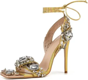 Frankie Hsu Women's Large Big Size Luxury Lace Up Crystal Rhinestone Gemstone Gem Rivet Stiletto Gold Yellow Laser Fabric Metal Square Toe High Heeled Sandals