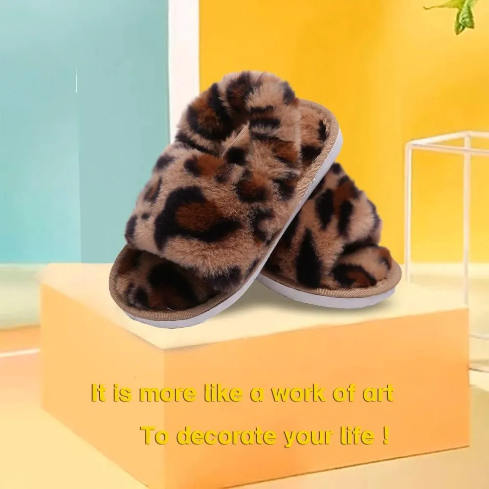 Girl's Fuzzy Fluffy Furry Slippers Cross Band Shoes Slides for Girls Fur Flip Flop Open Toe Slippers