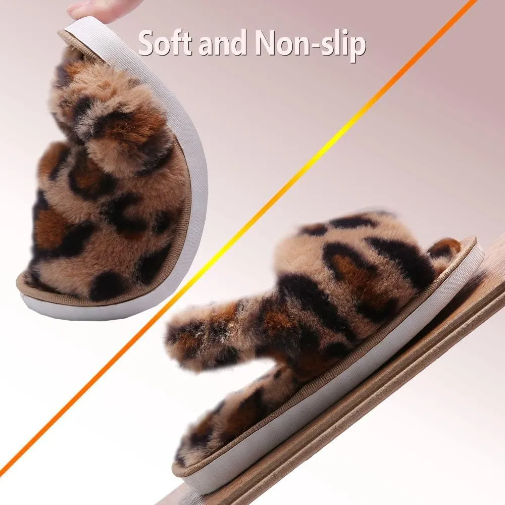 Girl's Fuzzy Fluffy Furry Slippers Cross Band Shoes Slides for Girls Fur Flip Flop Open Toe Slippers