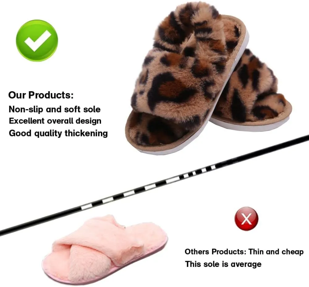 Girl's Fuzzy Fluffy Furry Slippers Cross Band Shoes Slides for Girls Fur Flip Flop Open Toe Slippers