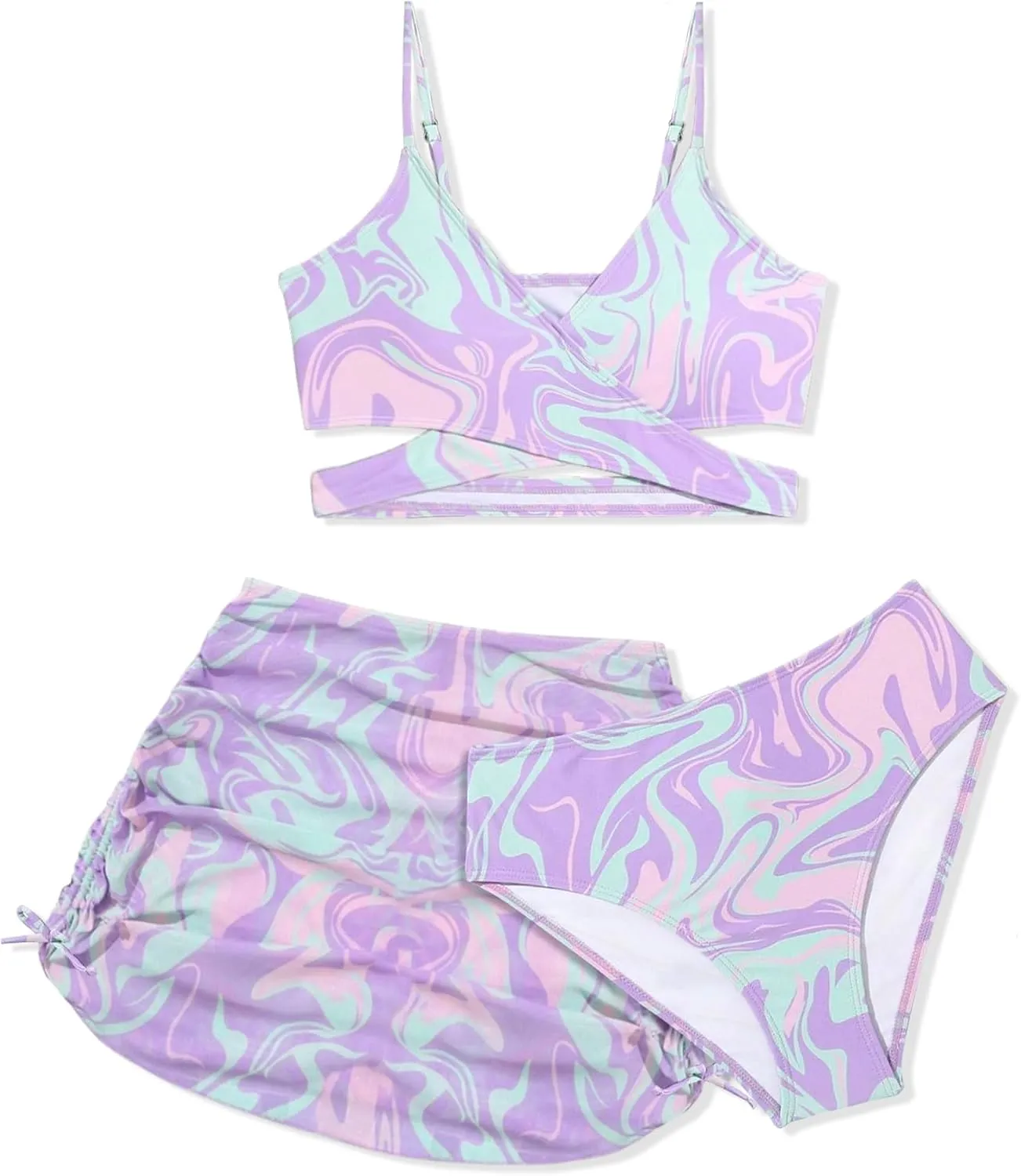 Girls Swimsuits 3 Piece Bathing Suit Allover Printed Criss Cross Bikini Set with Cover Up Skirt Beach Swimwear 7-16 Years