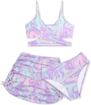 Girls Swimsuits 3 Piece Bathing Suit Allover Printed Criss Cross Bikini Set with Cover Up Skirt Beach Swimwear 7-16 Years