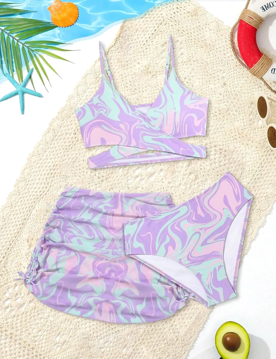 Girls Swimsuits 3 Piece Bathing Suit Allover Printed Criss Cross Bikini Set with Cover Up Skirt Beach Swimwear 7-16 Years