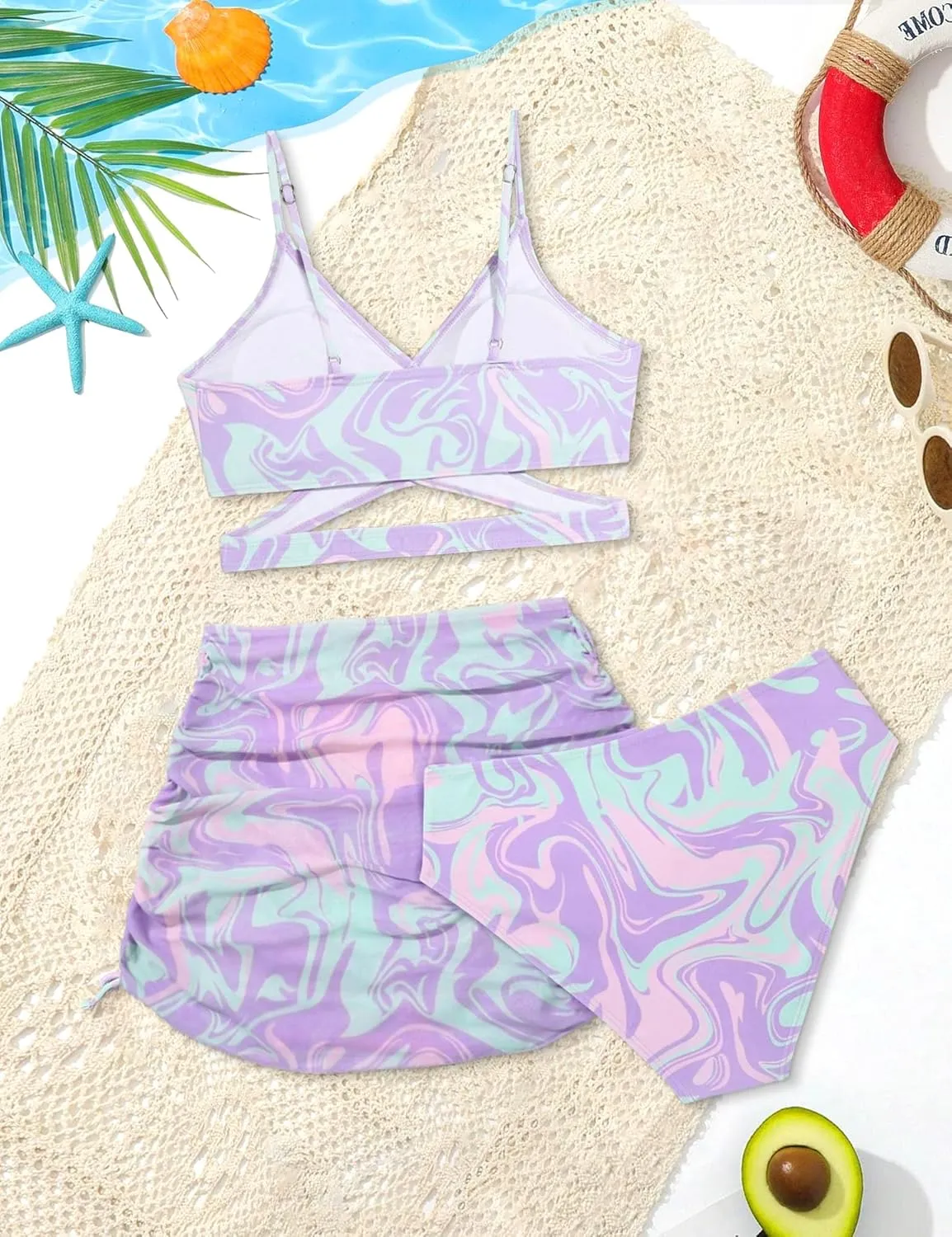 Girls Swimsuits 3 Piece Bathing Suit Allover Printed Criss Cross Bikini Set with Cover Up Skirt Beach Swimwear 7-16 Years